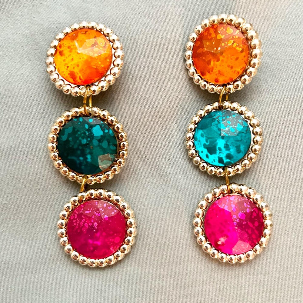 Dangling Round Multicolor Acrylic Beaded Double Drop Clip On Earrings Gold-tone